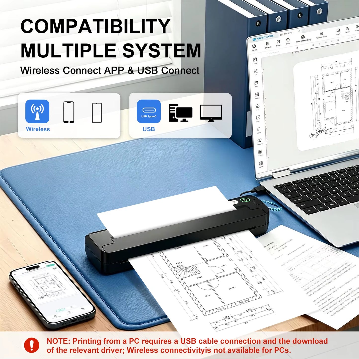 Manufacturer A4 Mini Pocket Thermal Printer Black and White Wireless Handheld Inkless Document Printer for Home or Office