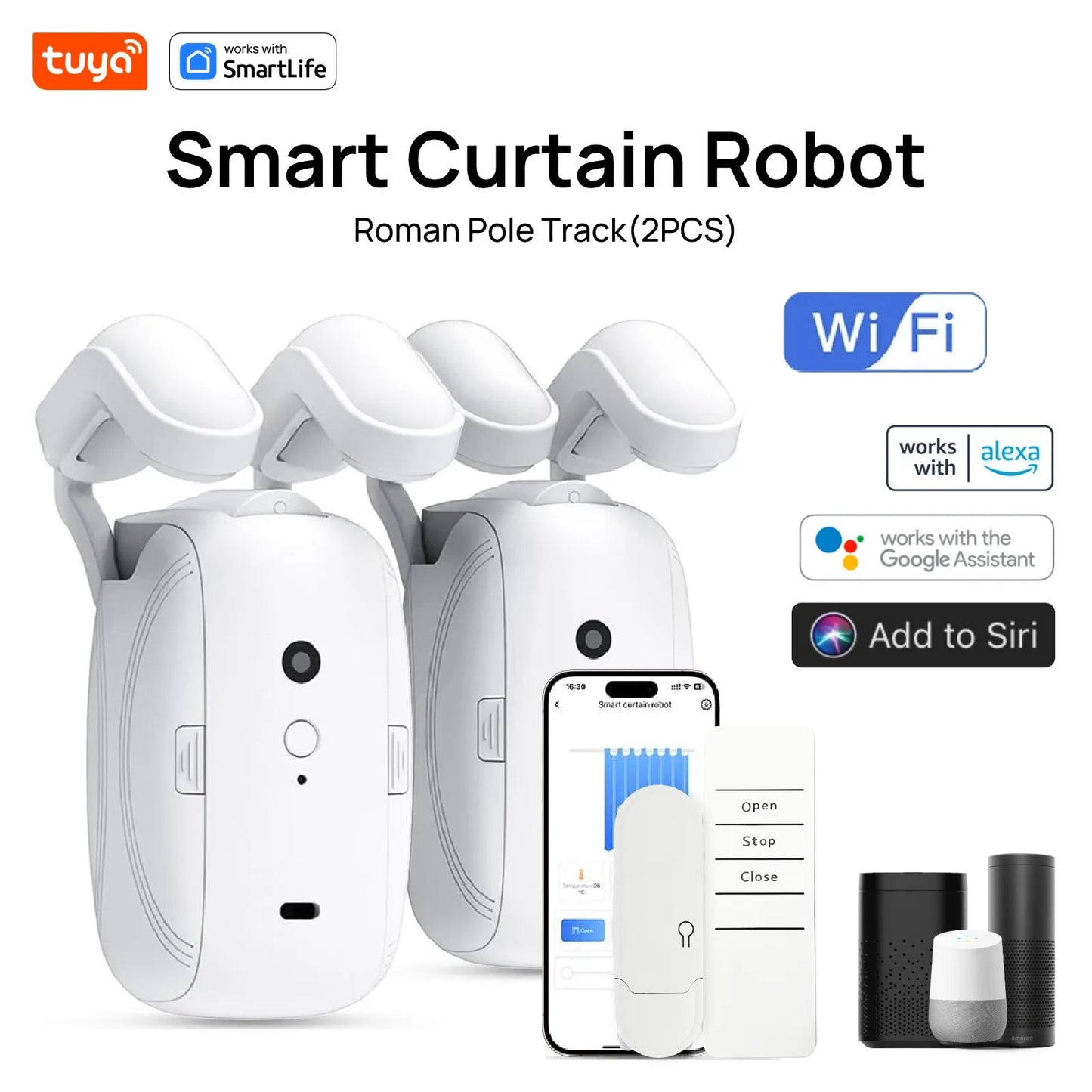 Tuya Smart Wifi Curtain Robot, Intelligent 3-In-1 Control Tuya App/Remote/Voice Control（Alexa Google Siri） for Roman Rod Track