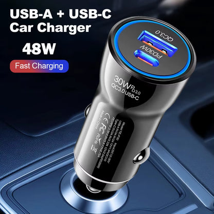 Fast Charging 2 Port USB Type C Vehicle 48W USB Car Charger for Phone 14 15 16 17 Pro Max Tablet