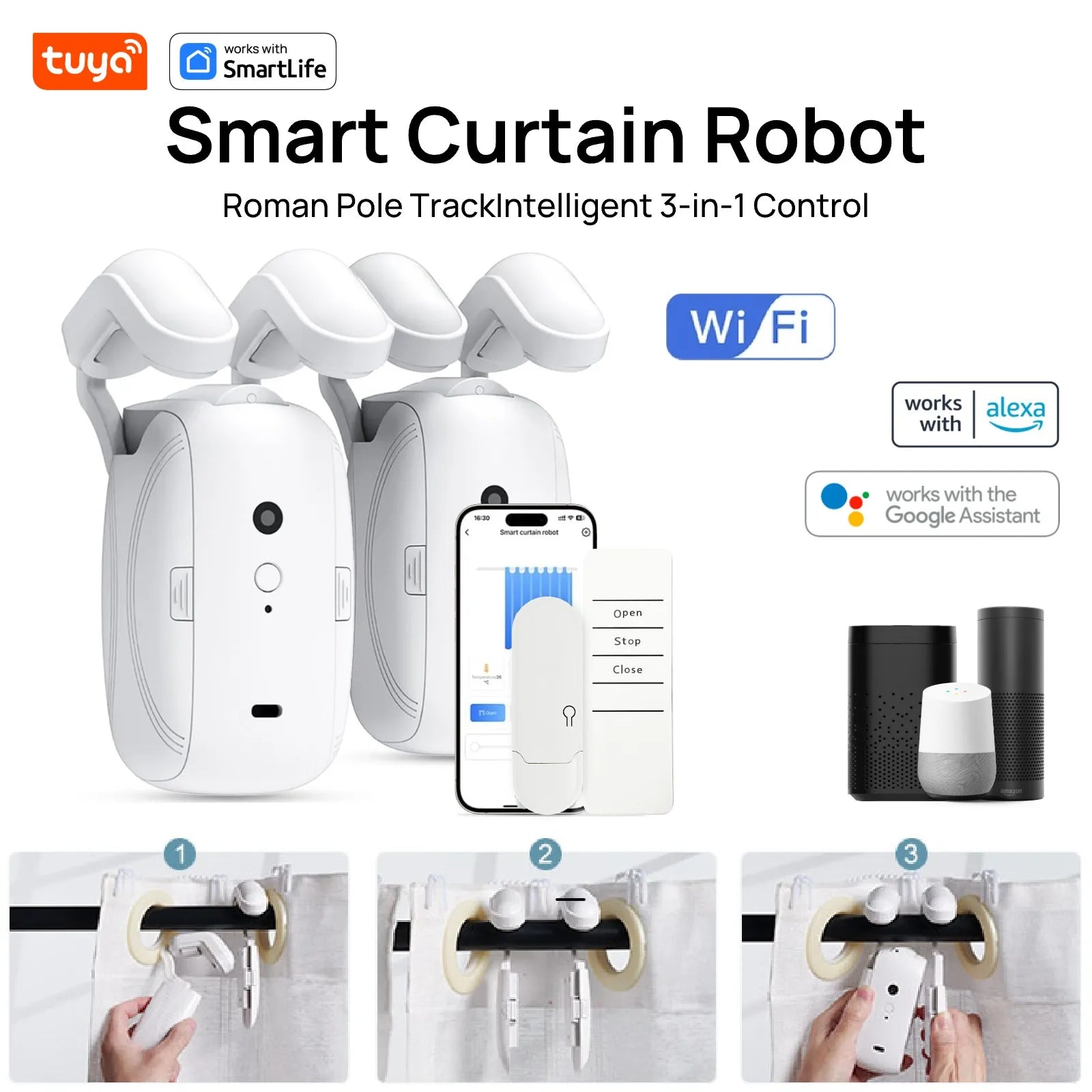 Tuya Smart Wifi Curtain Robot, Intelligent 3-In-1 Control Tuya App/Remote/Voice Control（Alexa Google Siri） for Roman Rod Track