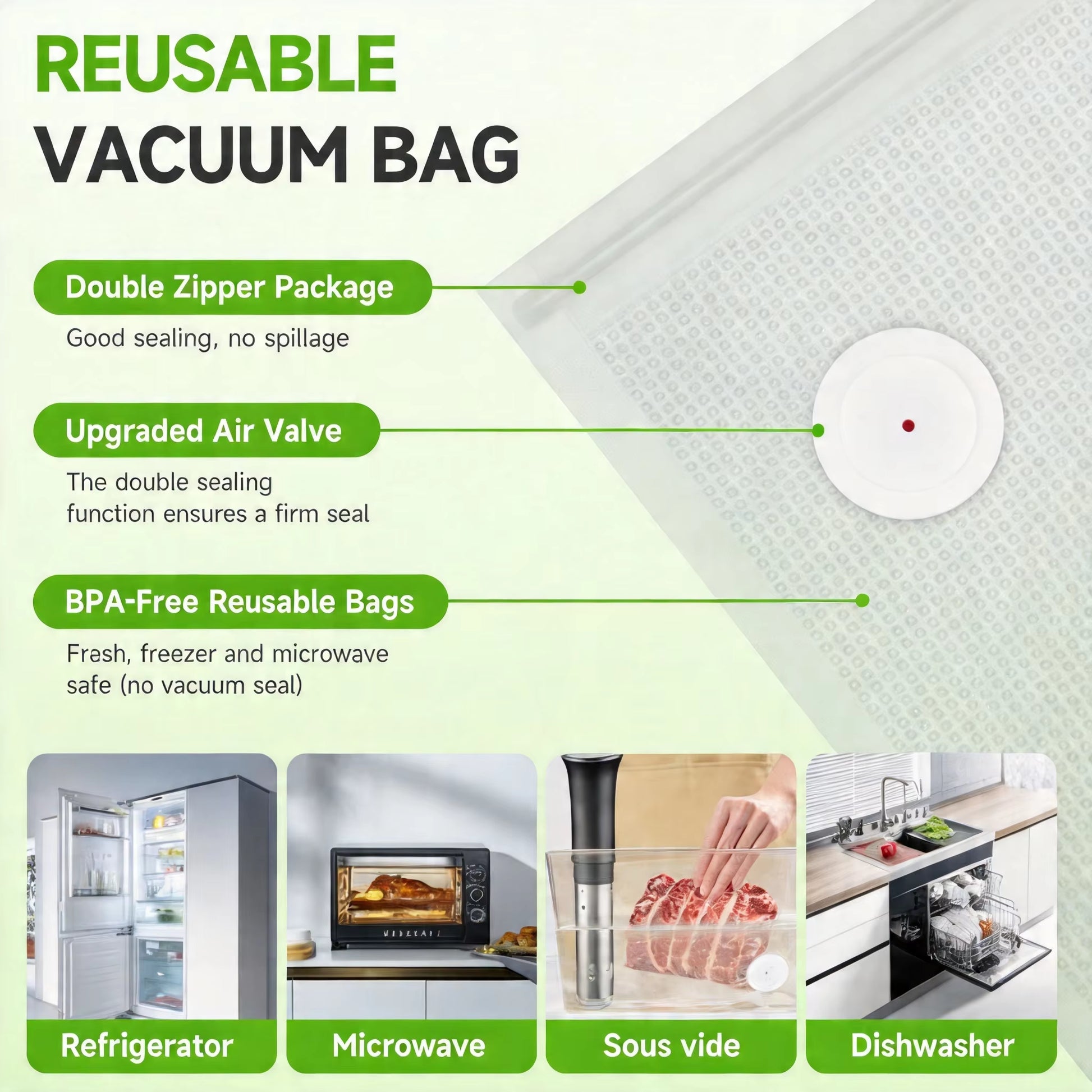 Custom Logo Reusable Vacuum Sealer Bags Bpa-Free Embossed Food Storage Zipper Bag with Air Valve Wholesale Factory OEM 20 Pcs