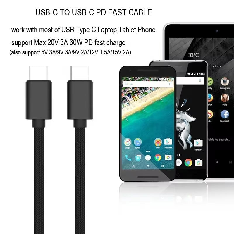 60W Nylon Type C Cable Fast Charging 5A USB Charging Power Cable Mobile Phones 3A USB-C to C Cable 1M Quick Data Transfer